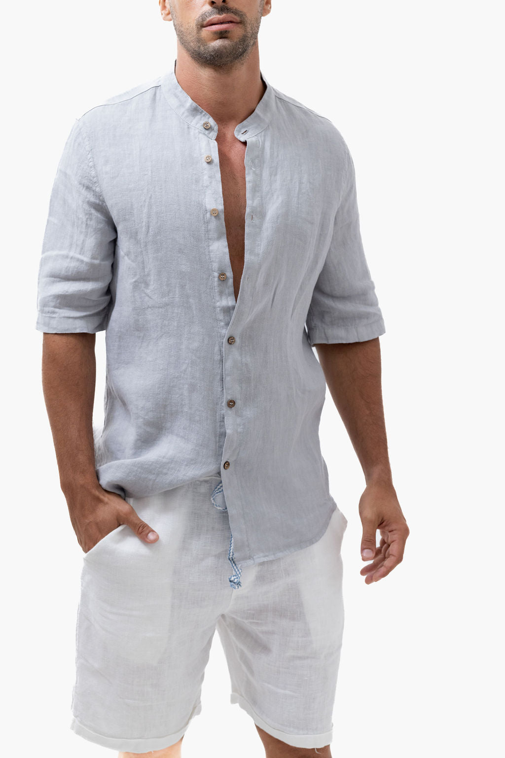 Camisa Lino manga corta cuello Mao